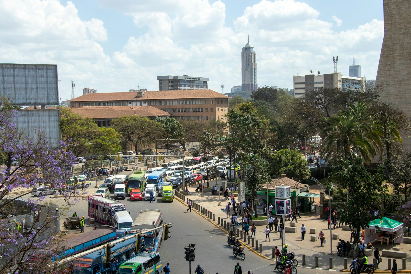 Bustling city street with traffic and pedestrians under jacaranda trees.